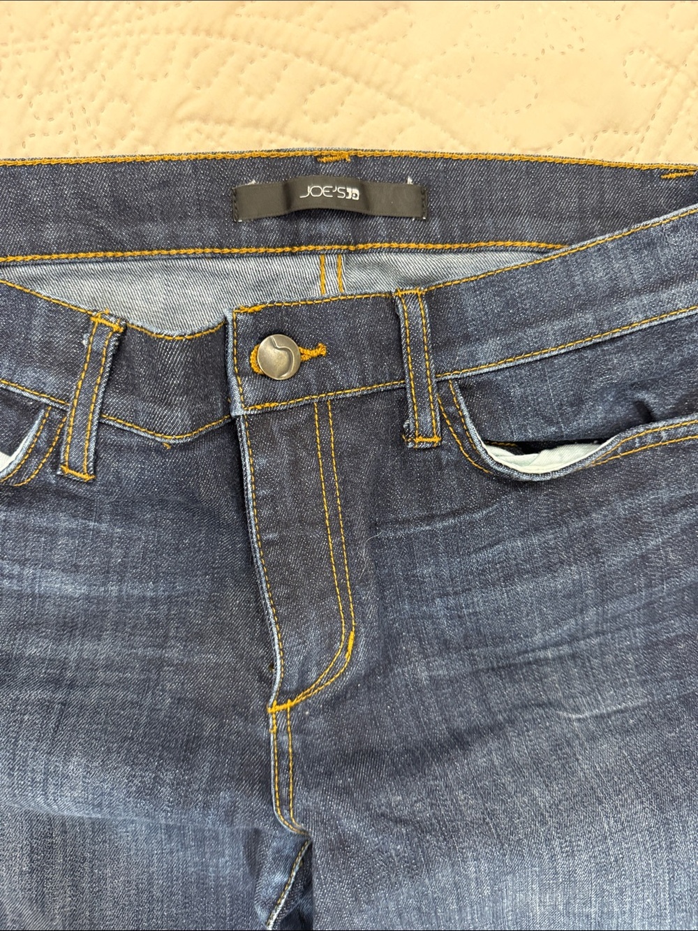 Joe's Jeans Dark Blue Straight Leg Jeans with Yellow Topstitching